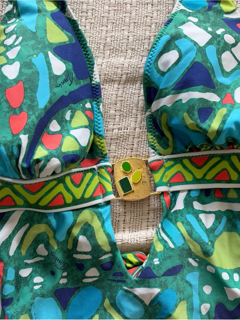 Green & Teal Abstract Print One-Piece Swimsuit with Gold Accent